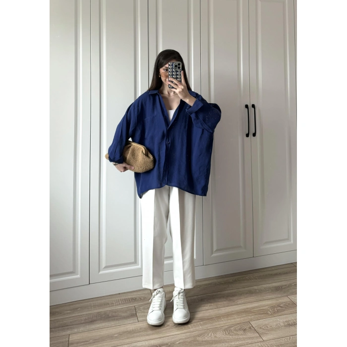 Lacivert Oversize Tensel Gömlek