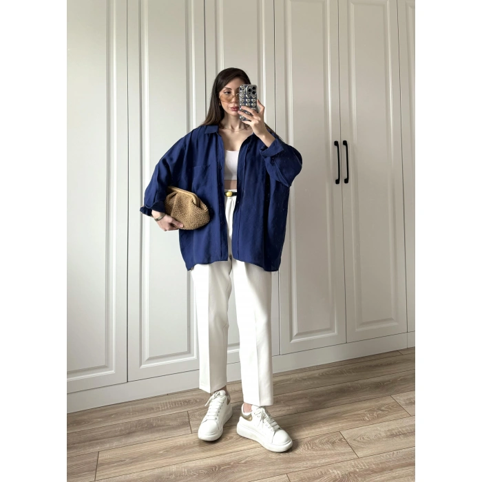 Lacivert Oversize Tensel Gömlek