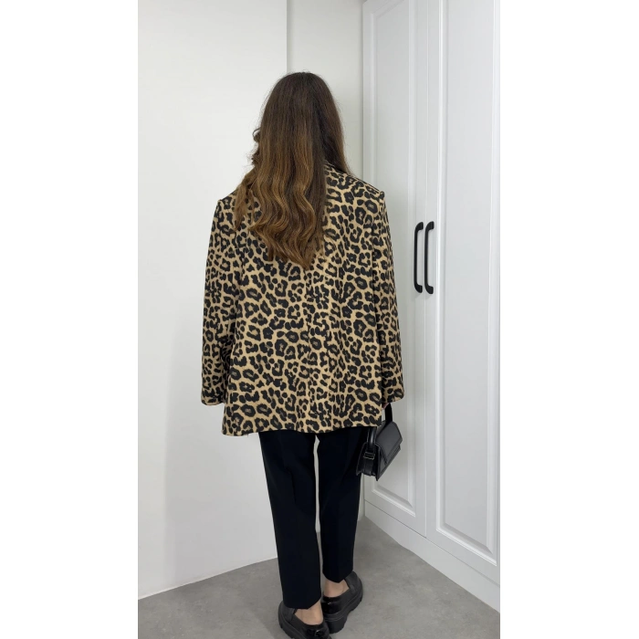 Leopar Astarlı Oversize Blazer Ceket