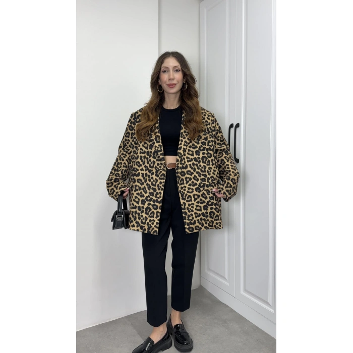 Leopar Astarlı Oversize Blazer Ceket