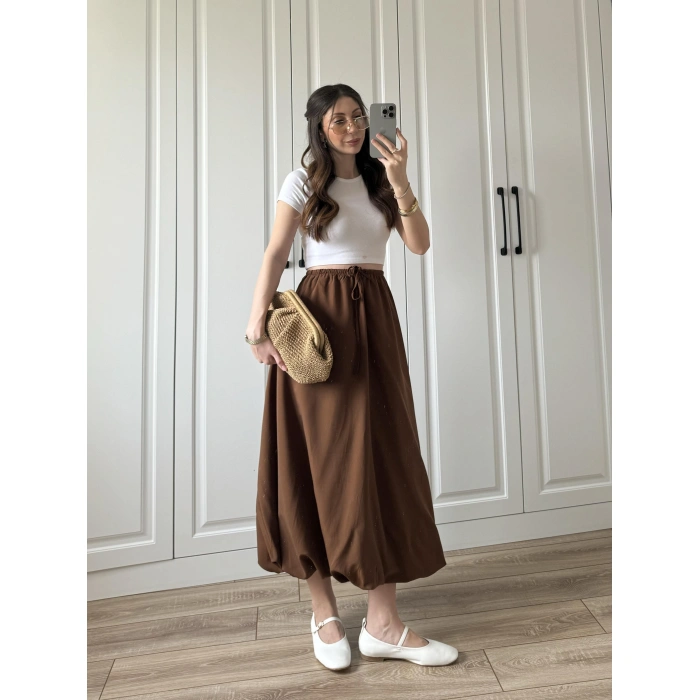 Maxi Astarlı Kahve Balon Etek