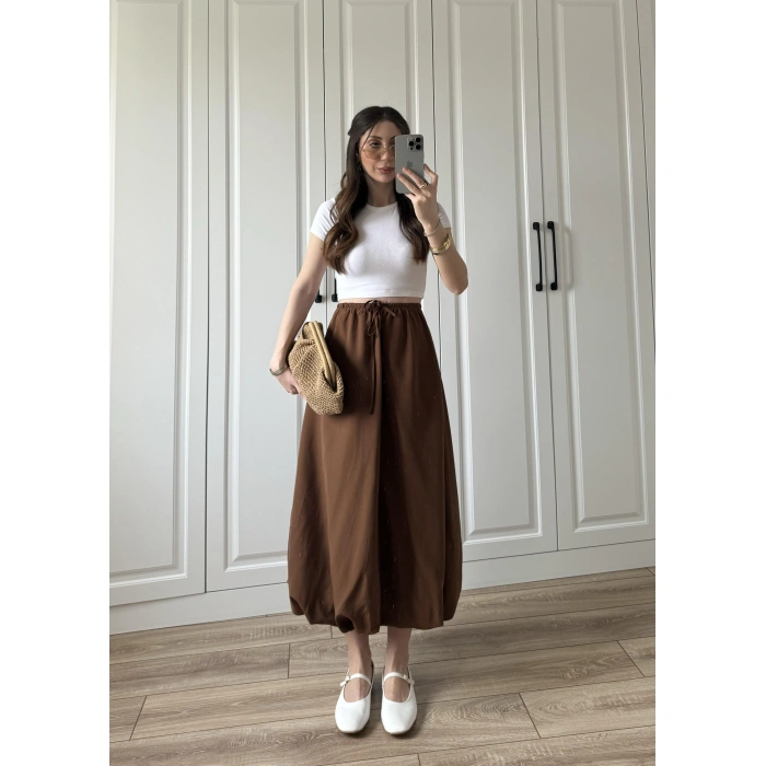 Maxi Astarlı Kahve Balon Etek