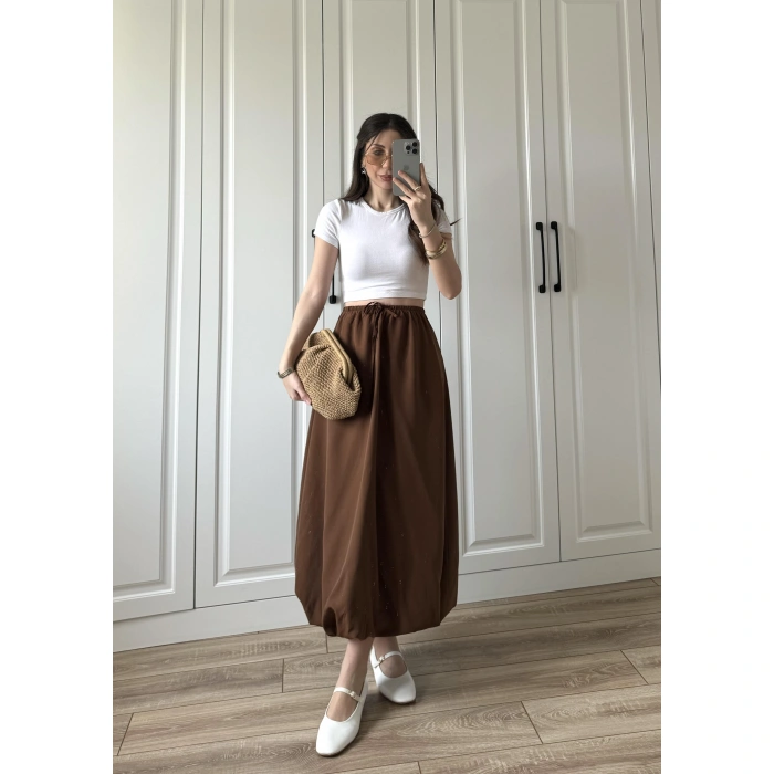 Maxi Astarlı Kahve Balon Etek