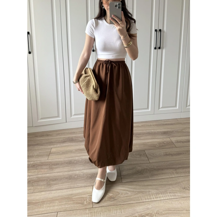 Maxi Astarlı Kahve Balon Etek