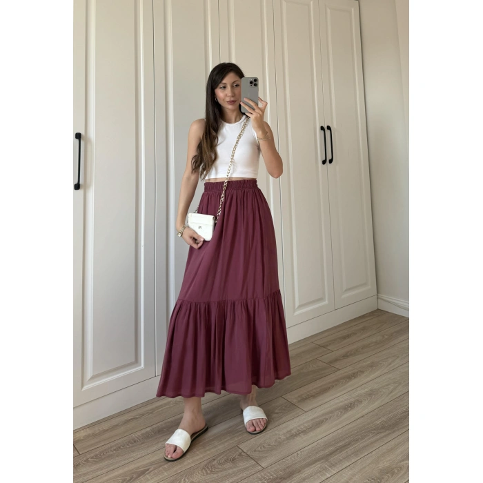 Midi Boy Şifon Astarlı Bordo Etek