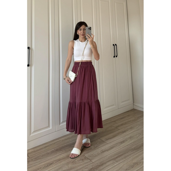 Midi Boy Şifon Astarlı Bordo Etek