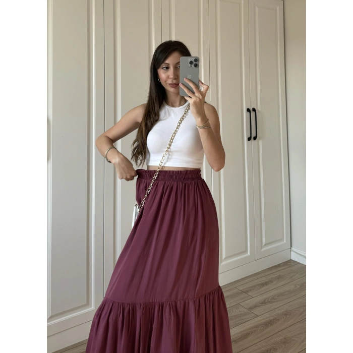 Midi Boy Şifon Astarlı Bordo Etek