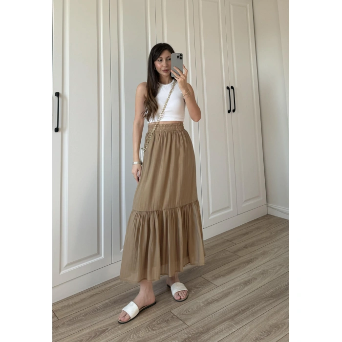 Midi Boy Şifon Astarlı Cappuccino Etek