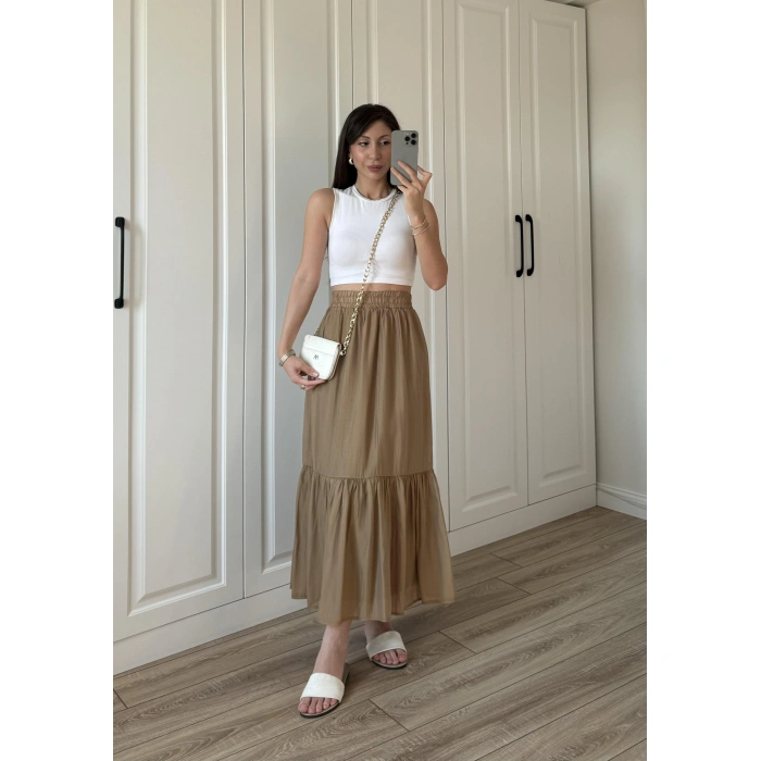 Midi Boy Şifon Astarlı Cappuccino Etek