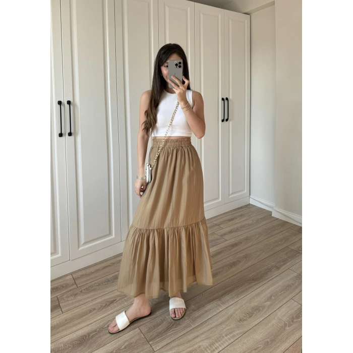 Midi Boy Şifon Astarlı Cappuccino Etek