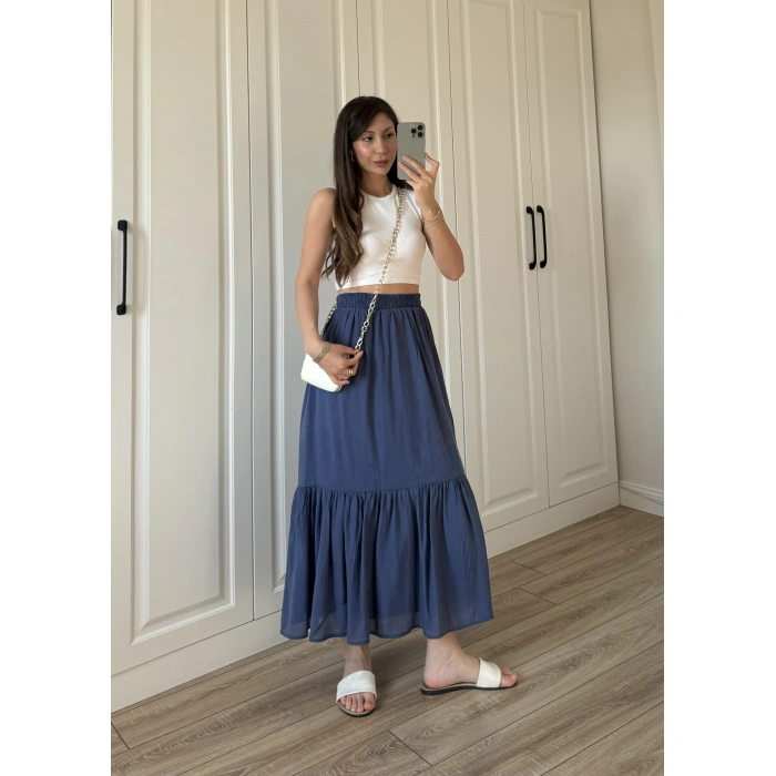 Midi Boy Şifon Astarlı Lacivert Etek