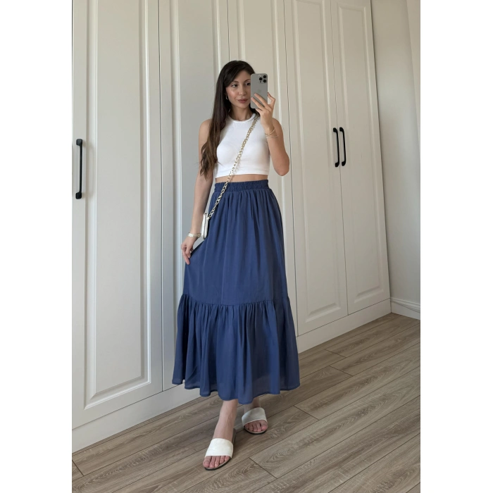 Midi Boy Şifon Astarlı Lacivert Etek