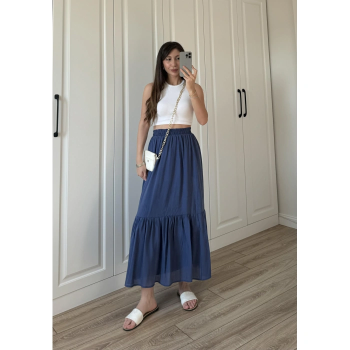 Midi Boy Şifon Astarlı Lacivert Etek