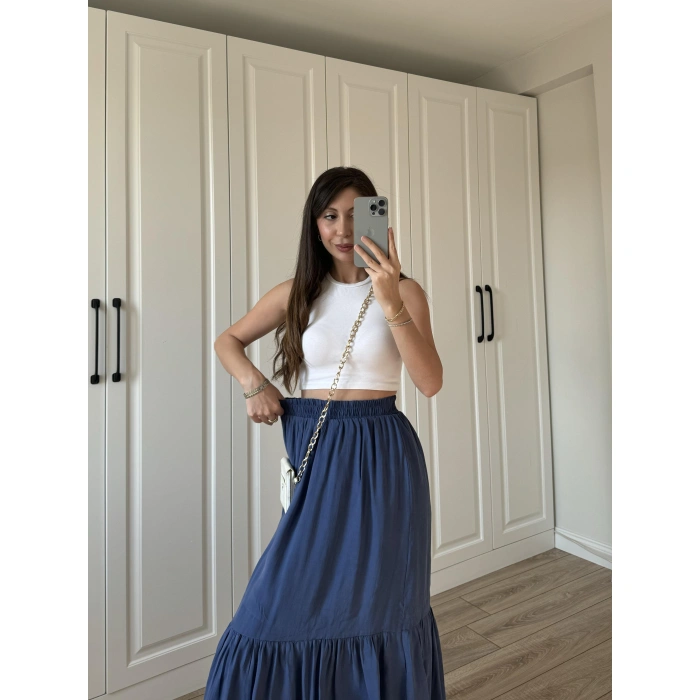 Midi Boy Şifon Astarlı Lacivert Etek