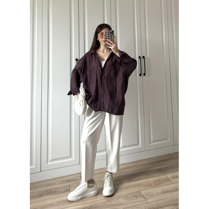 Mürdüm Oversize Tensel Gömlek