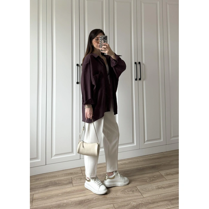 Mürdüm Oversize Tensel Gömlek