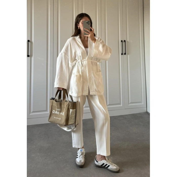 Müslin Beyaz Kimono Hırka