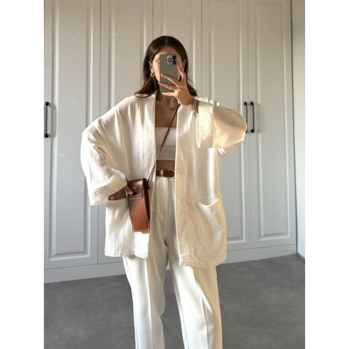 Müslin Beyaz Kimono Hırka