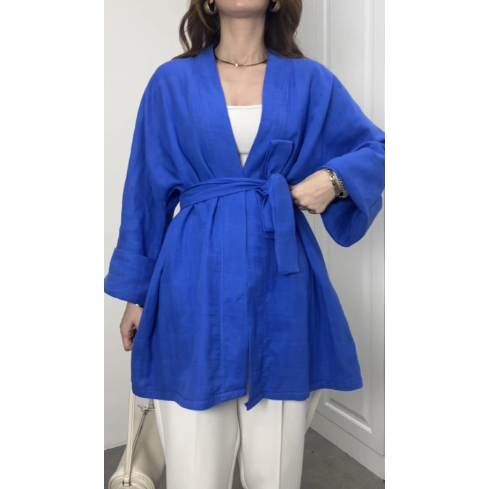 Müslin Kumaş Bağlamalı Saks Mavi Kimono