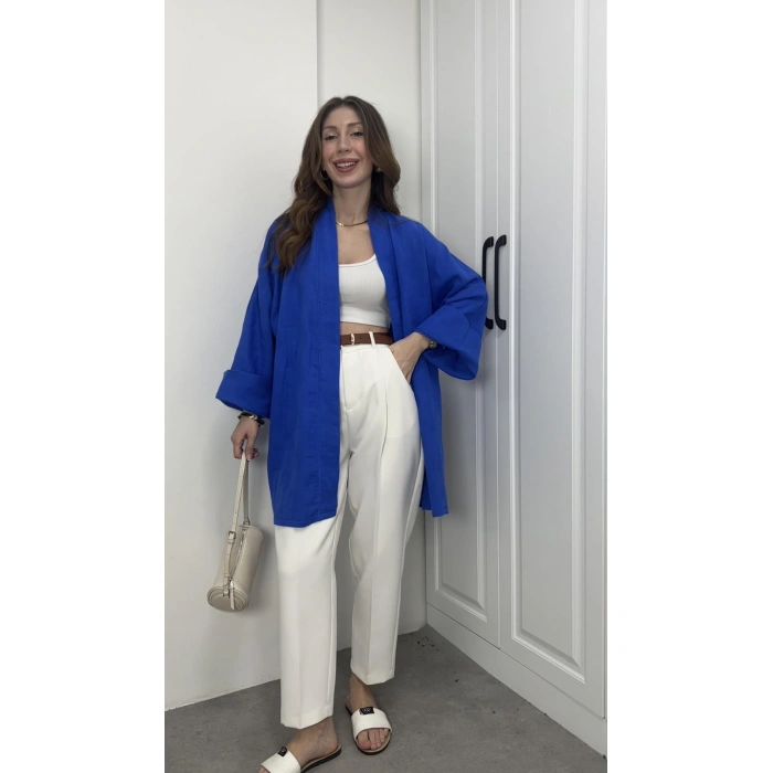 Müslin Kumaş Bağlamalı Saks Mavi Kimono