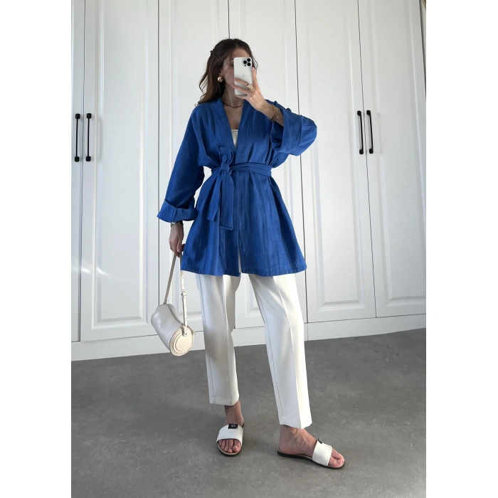 Müslin Kumaş Bağlamalı Saks Mavi Kimono