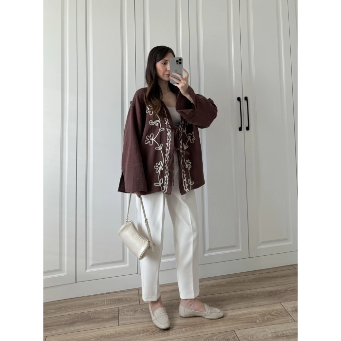 Müslin Kumaş Kahve Nakışlı Kimono