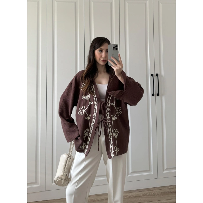 Müslin Kumaş Kahve Nakışlı Kimono