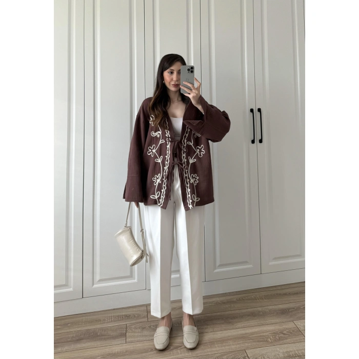Müslin Kumaş Kahve Nakışlı Kimono