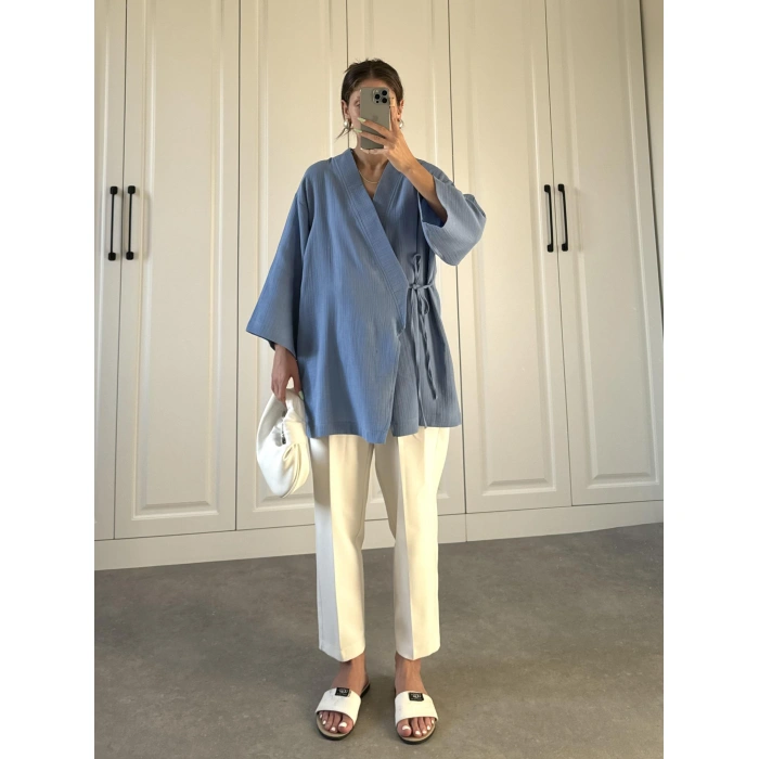 Müslin Kumaş Yandan Bağlamalı Mavi Kimono