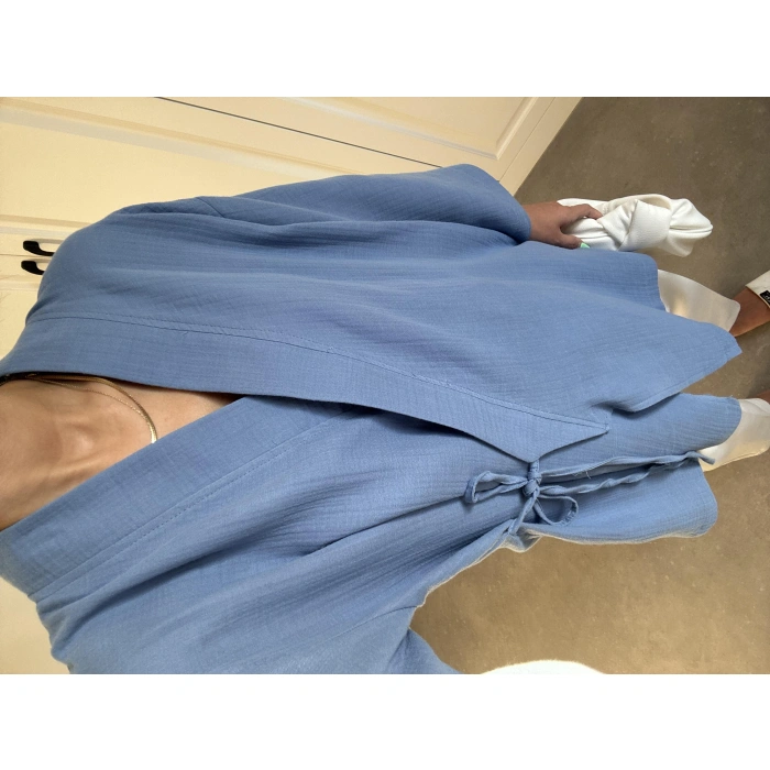 Müslin Kumaş Yandan Bağlamalı Mavi Kimono