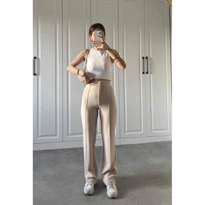 Nervür Dikişli Likralı Yüksekbel Taş Pantolon