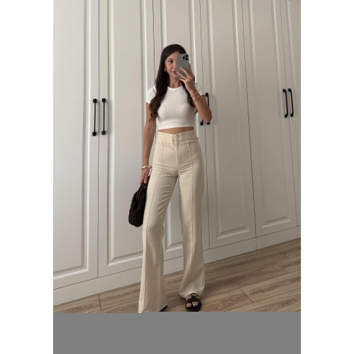 Nervür Dikişli Yükselbel Keten Pantolon