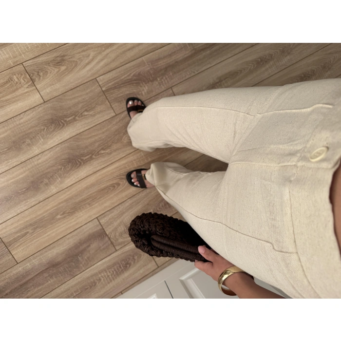 Nervür Dikişli Yükselbel Keten Pantolon