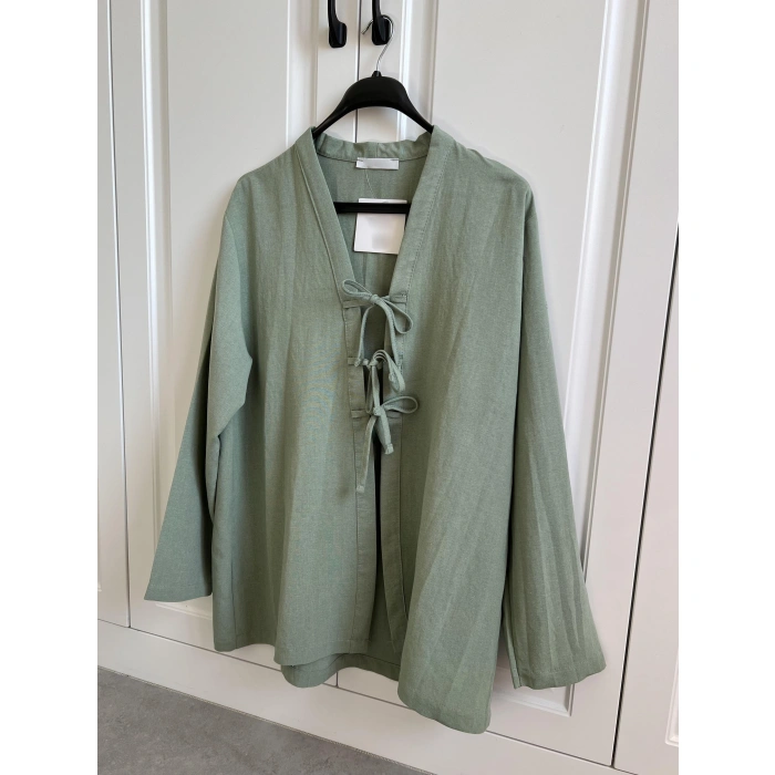 Önü Bağlamalı Mint Yeşili Keten Kimono
