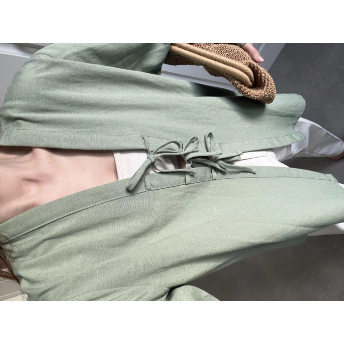 Önü Bağlamalı Mint Yeşili Keten Kimono