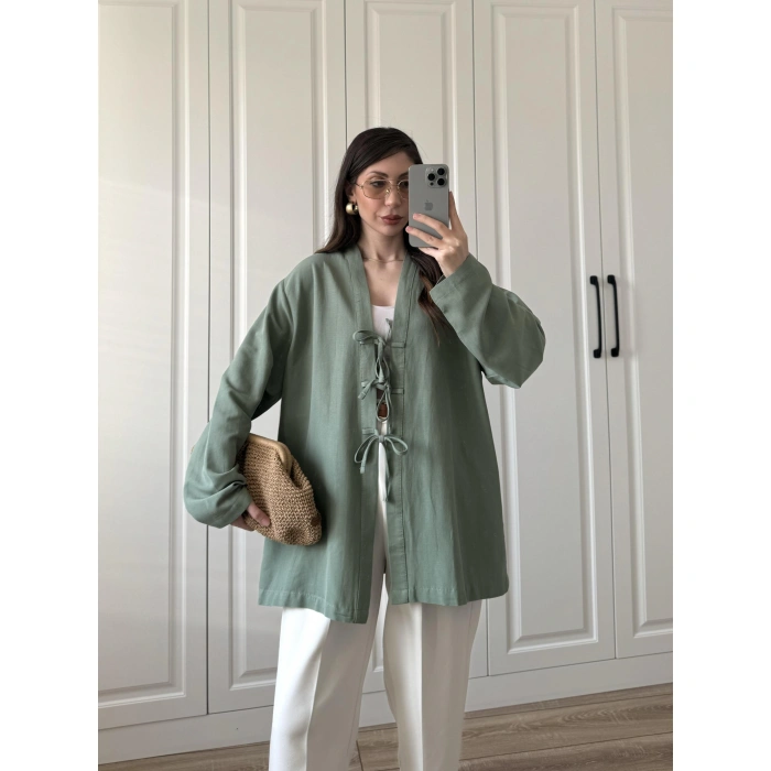 Önü Bağlamalı Mint Yeşili Keten Kimono