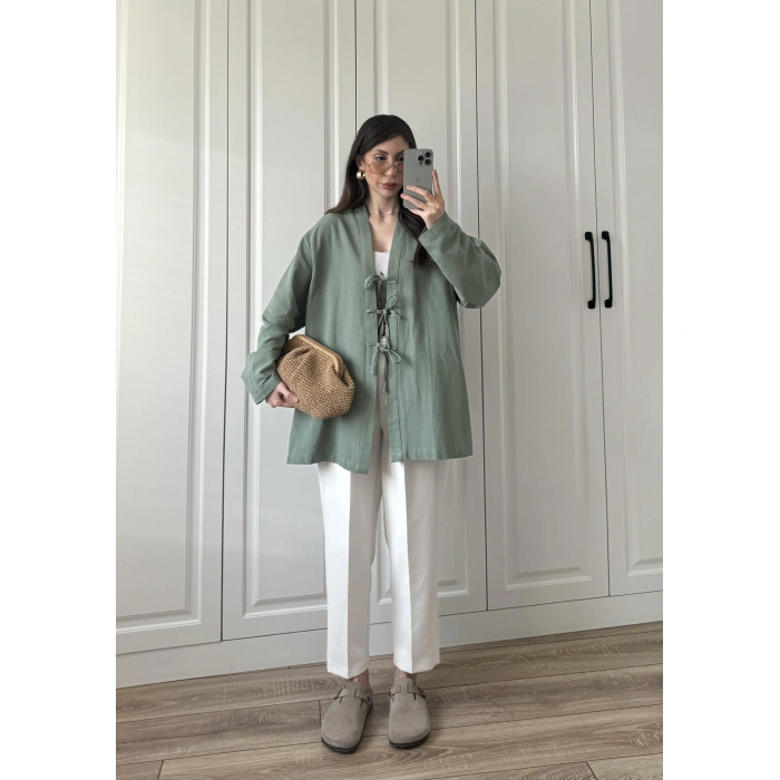 Önü Bağlamalı Mint Yeşili Keten Kimono