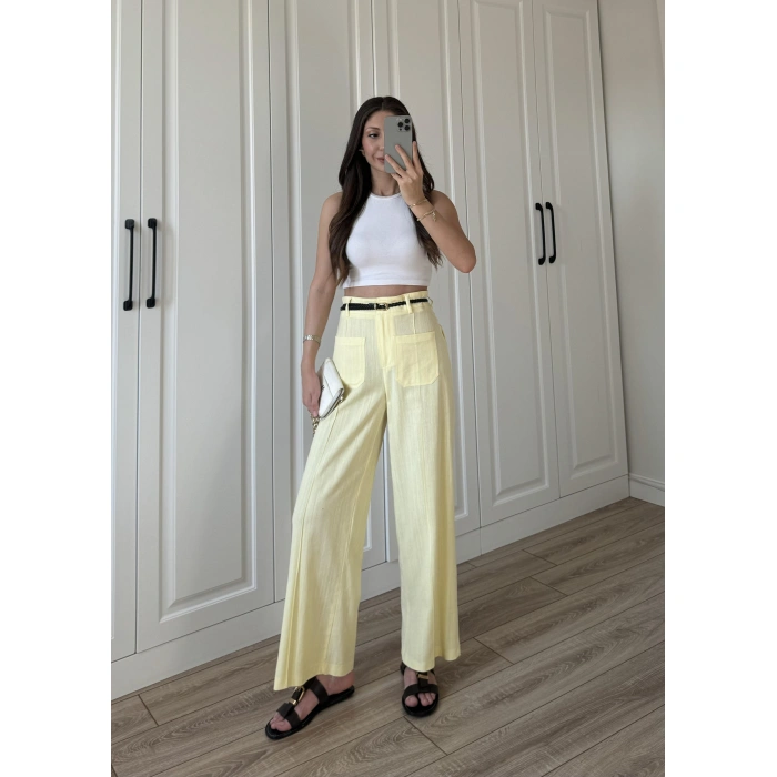 Örgü Kemerli Önü Cepli Keten Premium Sarı Pantolon