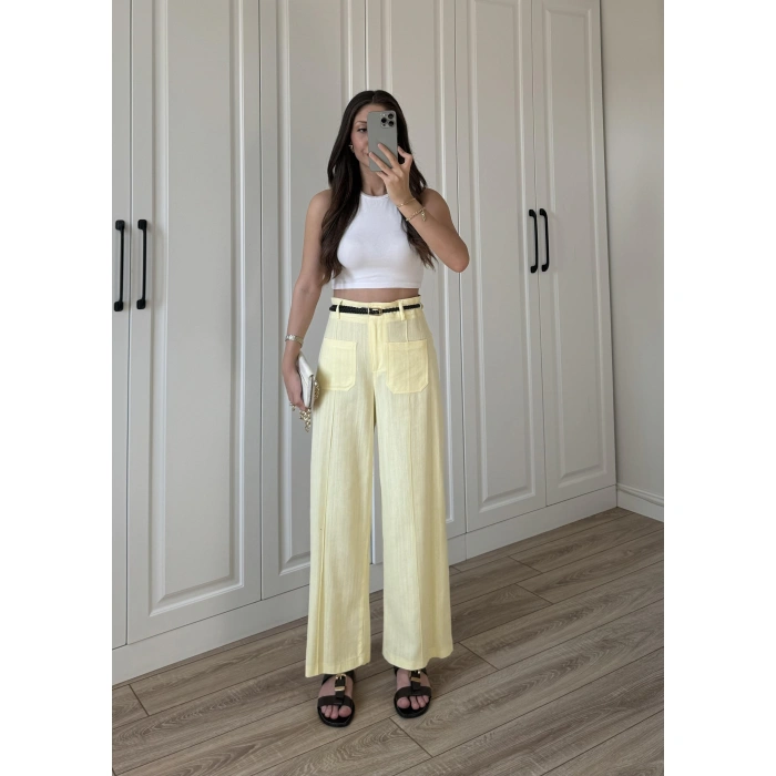 Örgü Kemerli Önü Cepli Keten Premium Sarı Pantolon