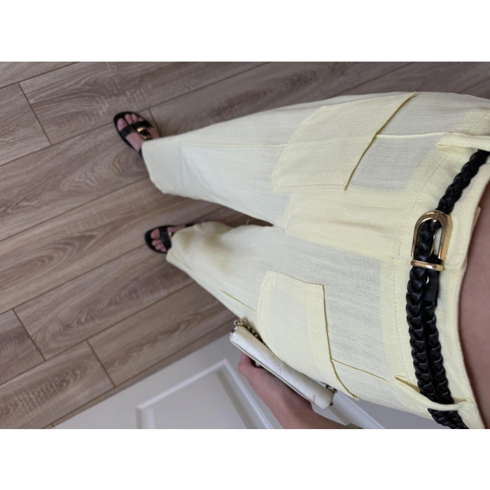 Örgü Kemerli Önü Cepli Keten Premium Sarı Pantolon