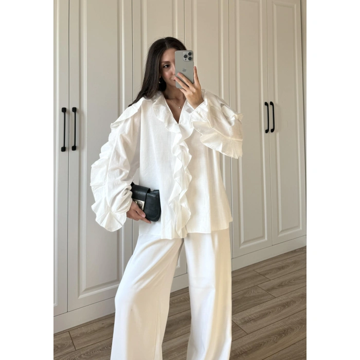 Orj Marka Wien Volanlı Premium Beyaz Gömlek