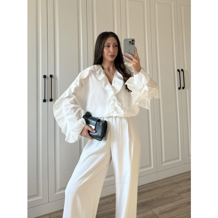 Orj Marka Wien Volanlı Premium Beyaz Gömlek