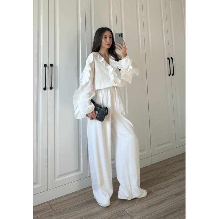 Orj Marka Wien Volanlı Premium Beyaz Gömlek