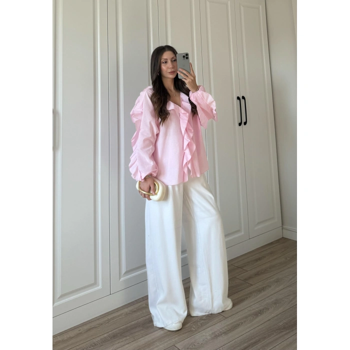 Orj Marka Wien Volanlı Premium Pembe Gömlek