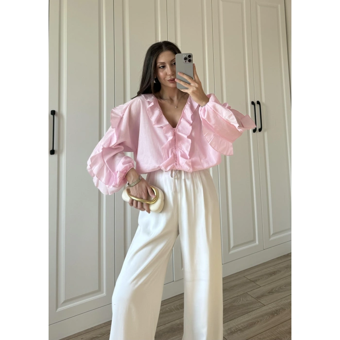 Orj Marka Wien Volanlı Premium Pembe Gömlek