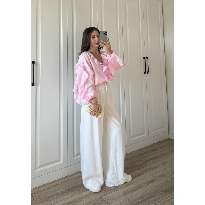 Orj Marka Wien Volanlı Premium Pembe Gömlek