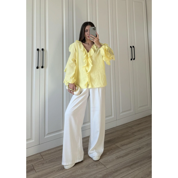 Orj Marka Wien Volanlı Premium Sarı Gömlek