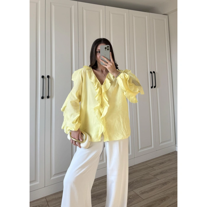 Orj Marka Wien Volanlı Premium Sarı Gömlek