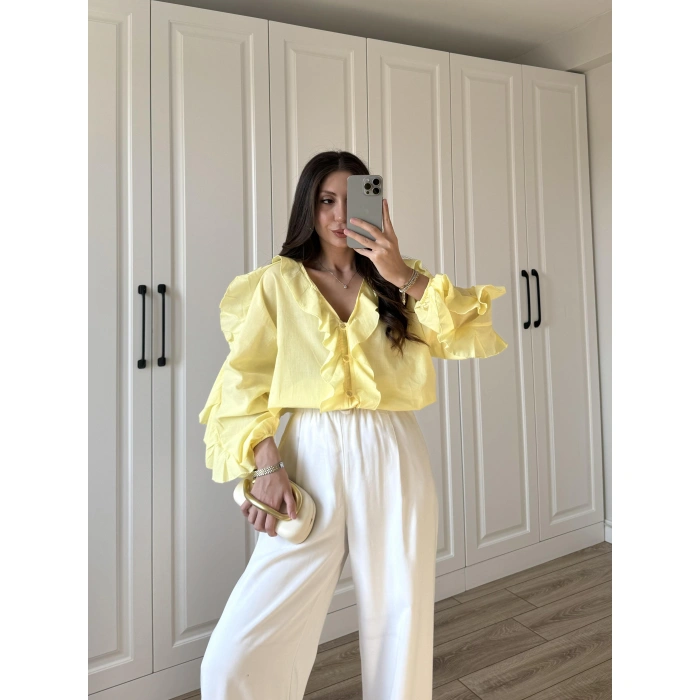 Orj Marka Wien Volanlı Premium Sarı Gömlek