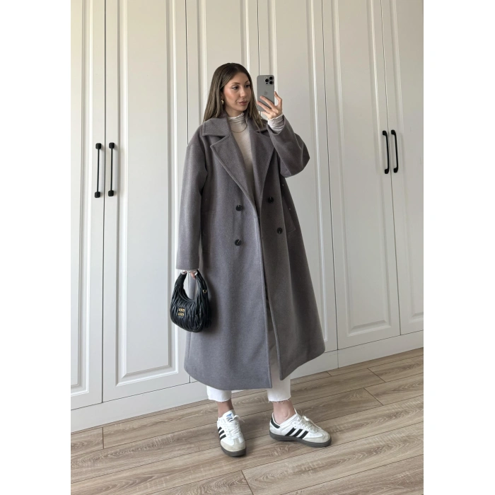 Oversize Premium Astarlı Gri Yün Kaban